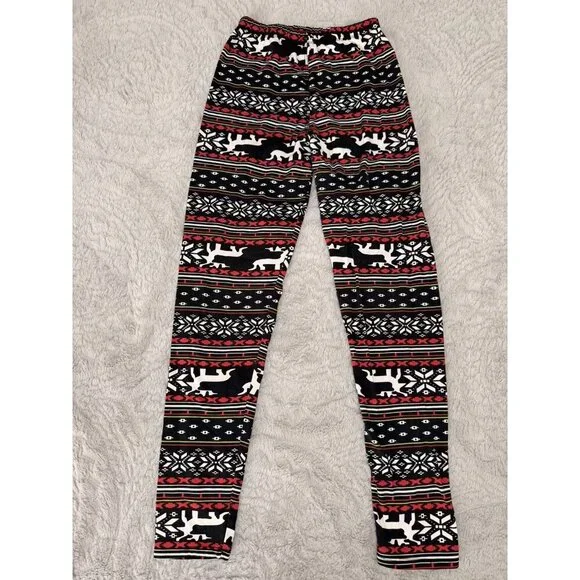One Size Juniors Christmas Reindeer Fair Isle Leggings Black Red Snowflake - Picture 1 of 5